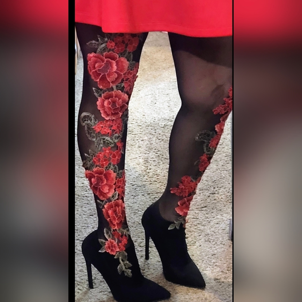 NWT! Stilleto high heels with thigh high embroidered mesh.